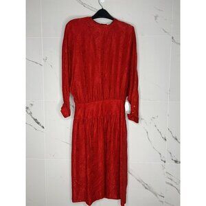 Vtg 80S SILK Jerri Sherman Red Jacquard Drop Waist Dress 12/L MIDI EUC Glamour﻿